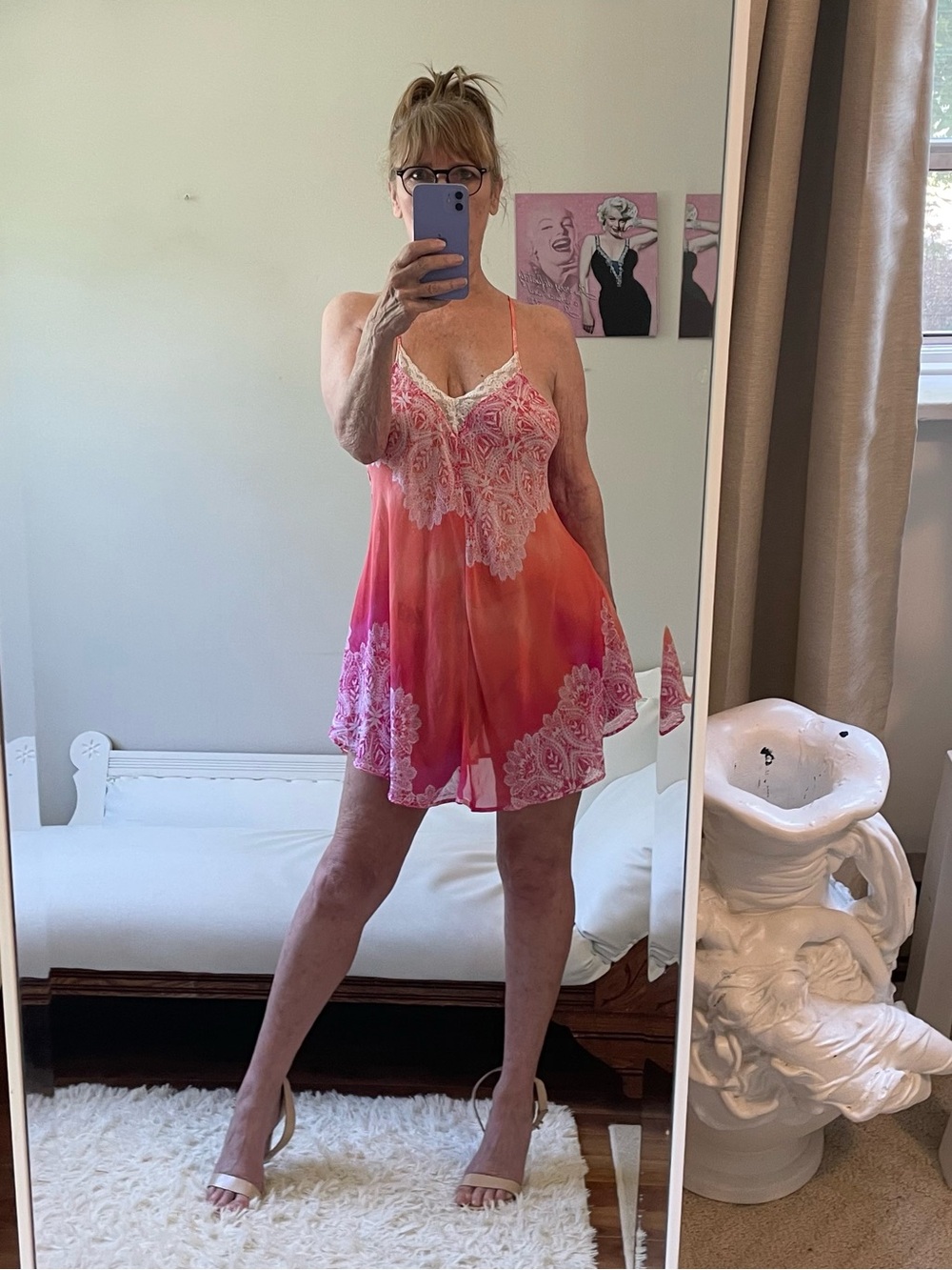 ORANGE PINK WHITE SHEER NIGHTGOWN SLIP CREAM LACE STRAPS FLOWERS